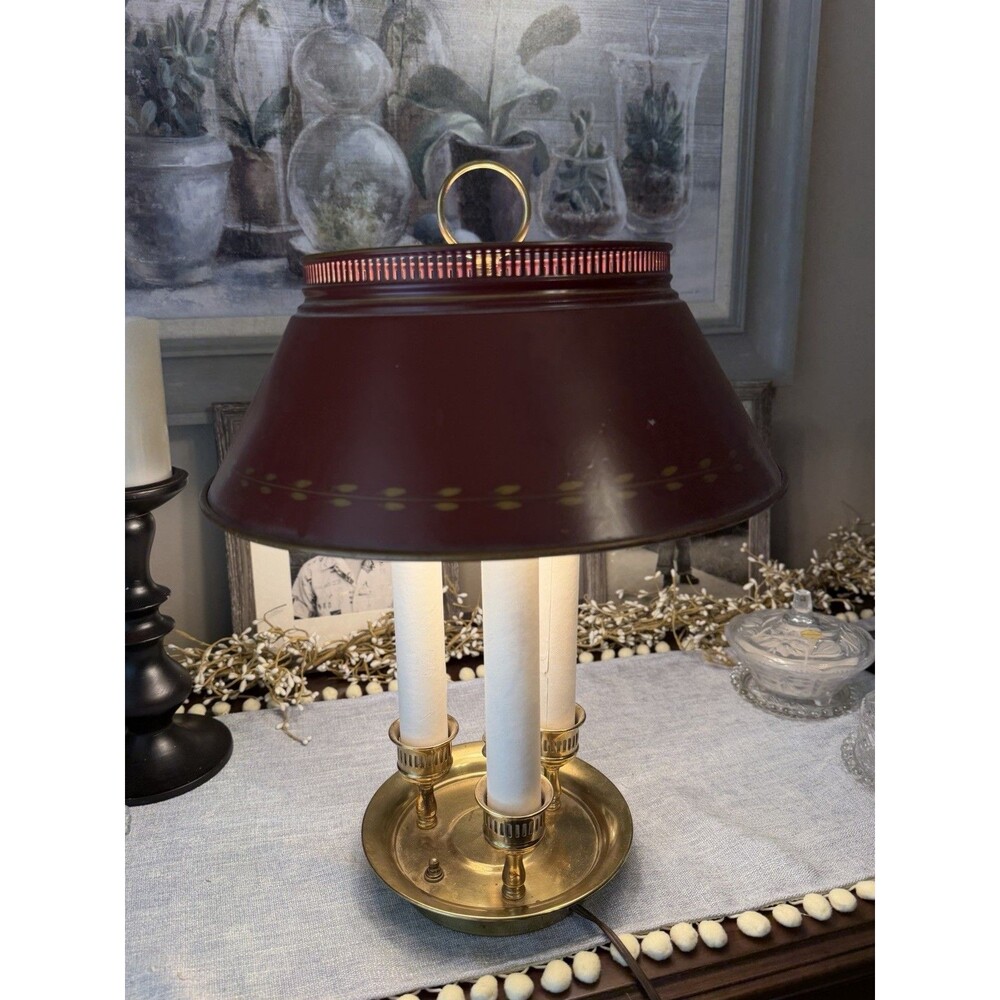 Vtg French Bouillotte Brass Table Lamp Burgundy Red Tole Shade 3 Light Empire